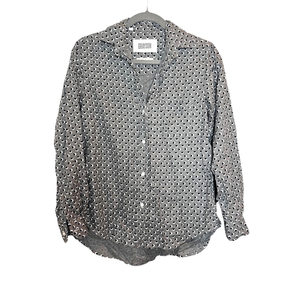Grayson The Hero Gray Neutral Heart Printed Button Down Flannel Top Blouse US XS